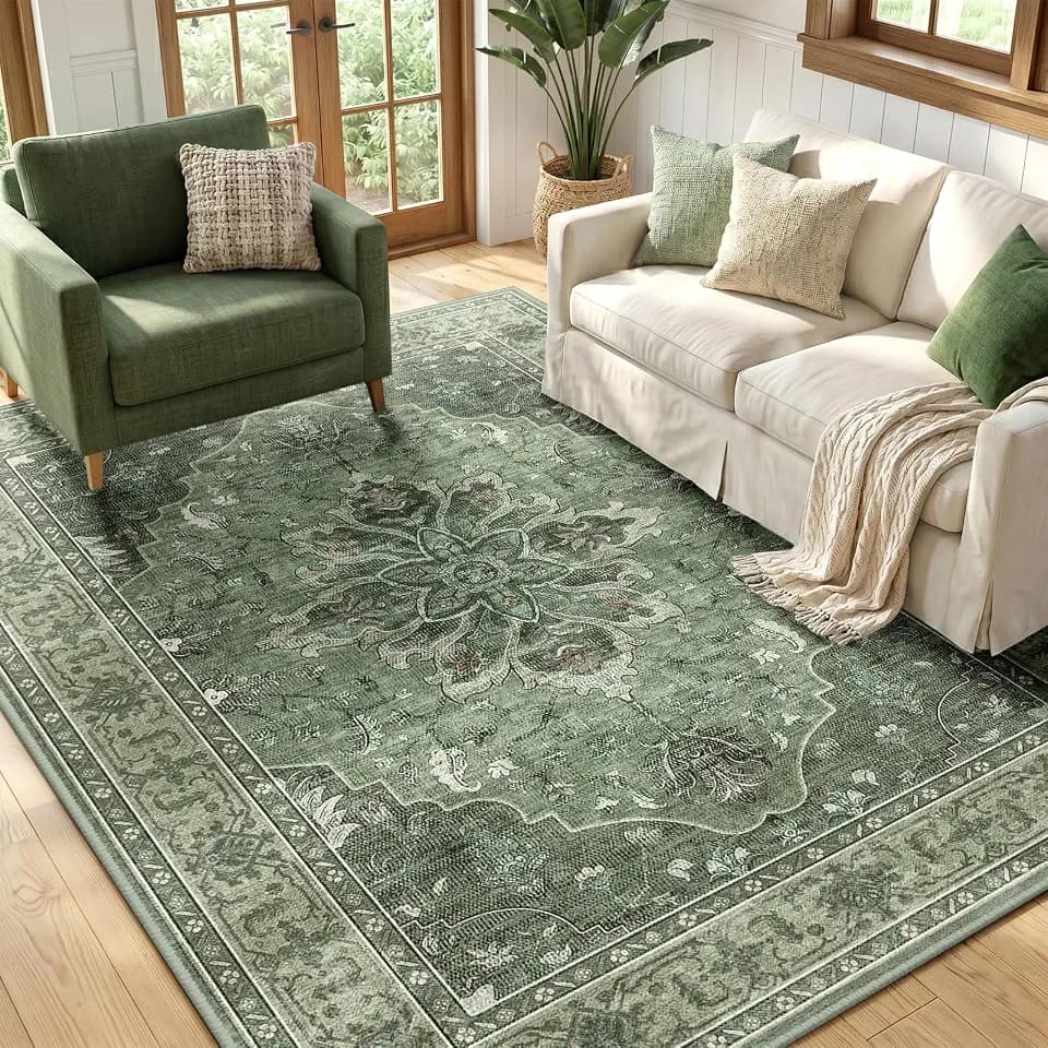 RELEANY Washable Area Rug, 5'x7', Green/Dark Green/Gray