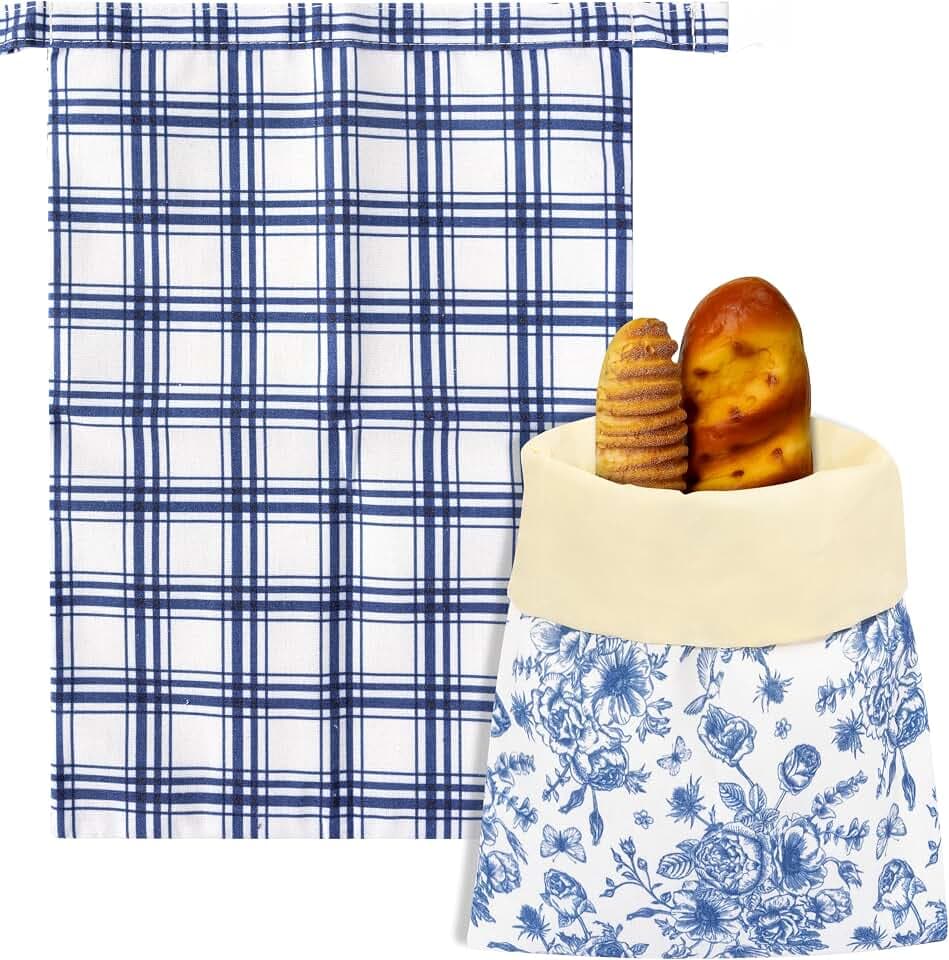 Reusable Beeswax Bread Bags - 2 Pack Bees Wax Homemade Sourdough Bread Storage Bags, Linen Cotton Large Beeswax Freezer for Home Kitchen Baking (Blue White Checkered, Flower)