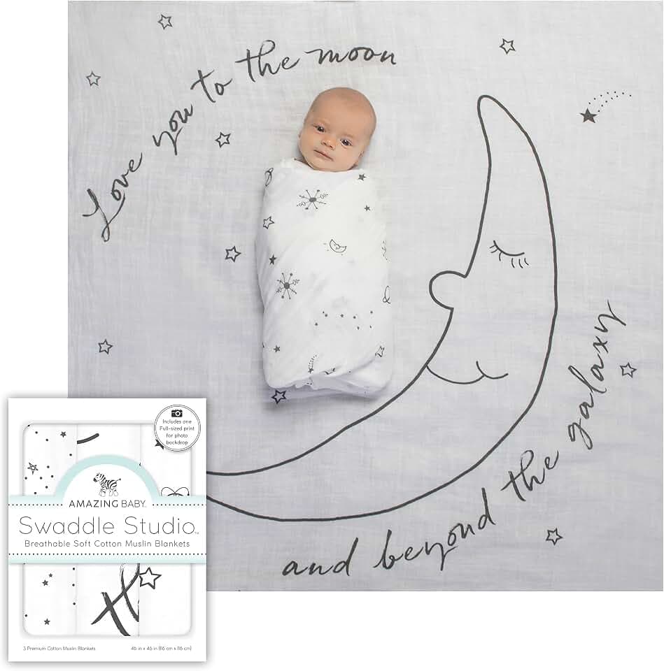 Amazing Baby Muslin Swaddle Blankets for Baby, Newborn Receiving Blanket, 100% Cotton Swaddle Wrap, XLarge, 46 x 46 inches, Milestone Blankets, Set of 3, Love You to The Moon, Soft Black