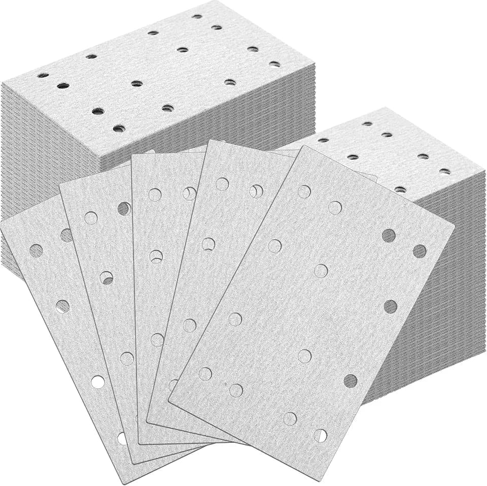 120 Pcs P320 Grit 3 x 5 Inch (80 X133 mm) 14 Hole Sanding Sheets Compatible with Festool Rts 400 Rs400 Ls130 Heavy Duty Hook Loop Film Abrasives Sandpaper for Sheet Sanders