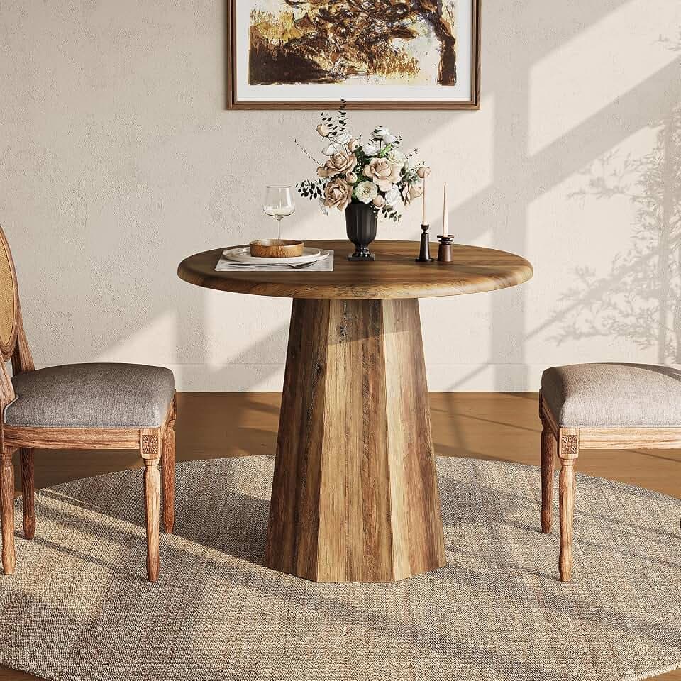 LITTLE TREE 31.5" Round Dining Table for 4, Wood Kitchen Table with Wooden Tabletop and Octagonal Base for Dining Room, Apartments, Office & Restaurants, Deep Brown