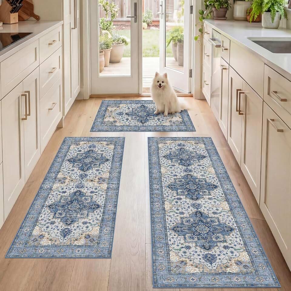 3 Piece Kitchen Rugs Sets with Runner, Washable Non Slip Soft Boho Kitchen Mats, Low Pile Stain Resistant Carpet for Hallway, Laundry Room, Entryway (20"x32"+20"x48"+20"x59", Blue Beige Cream)