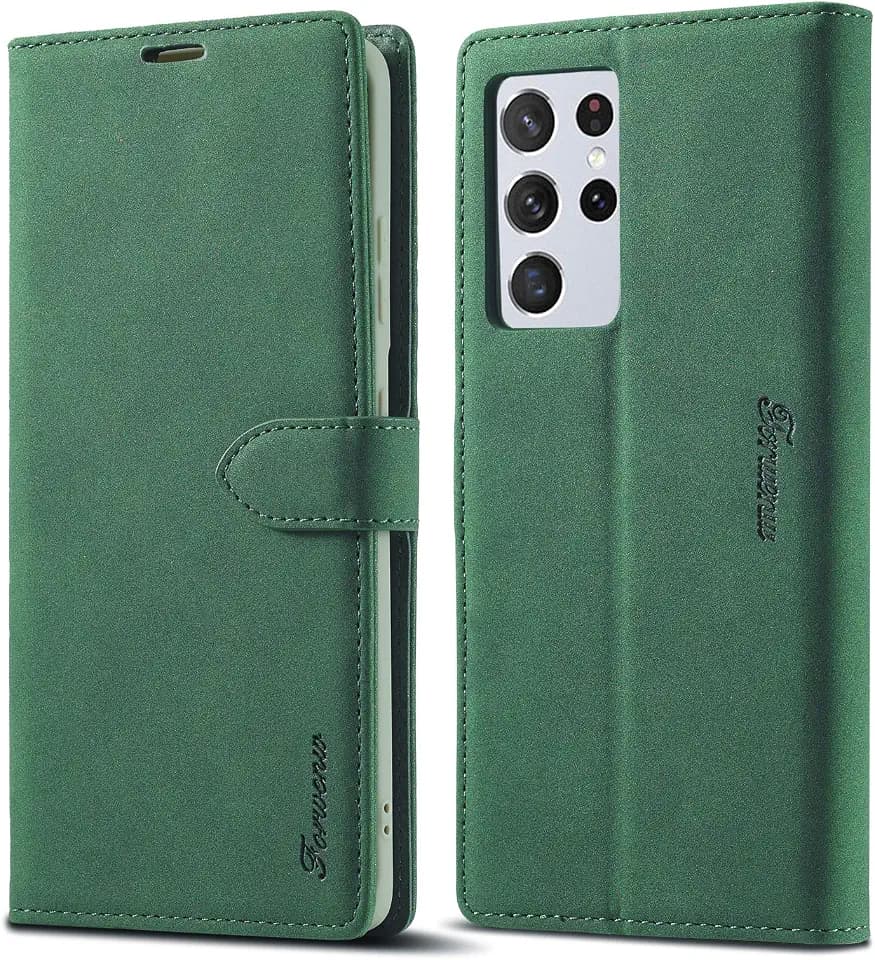 LOLFZ Schutzhülle für Samsung Galaxy S20 Ultra, Premium-Lederhülle mit Kartenhalter, Ständer, Magnetverschluss, stoßfest, Klapphülle für Samsung Galaxy S20 Ultra, Grün