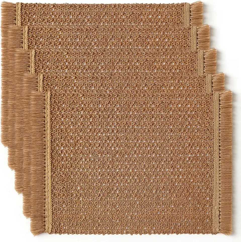12 x 18 Inch Rectangular Woven Placemats Set of 5 Boho Table Mats with Fringe Tassel Heat Resistant Non-Slip Paper Mat for Kitchen Dining Decor (Brown)