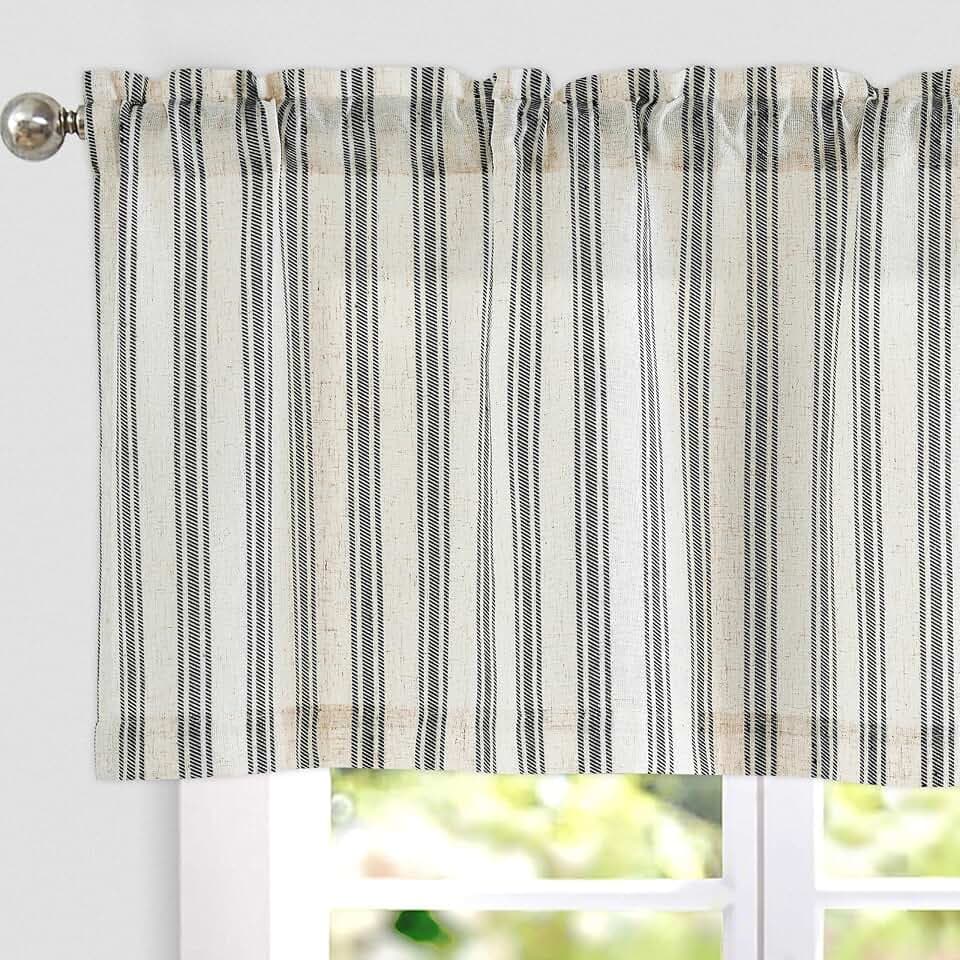 jinchan Linen Stripe Kitchen Valances for Window 16 inch,Black,1 Panel