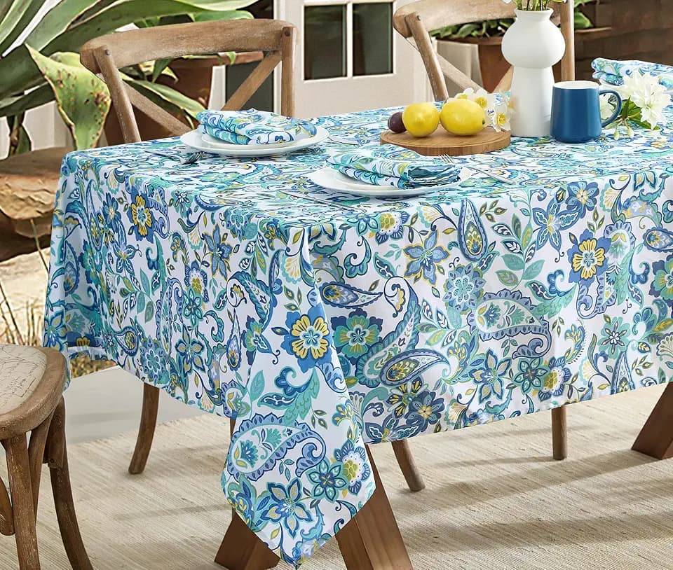 Newbridge Rectangle Fabric Tablecloth, Corfu Mediterranean Blue Paisley, 60 x 102 Inch, Indoor Outdoor Stain and Water Resistant Heavy Weight Table Cover, Shabby Chic Blue Floral