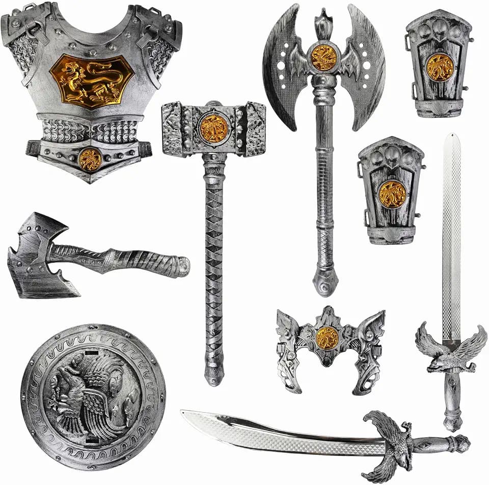Liberty Imports Medieval Knight Armor, Kids Pretend Role Play Plastic Costume Dress Up Cosplay with Toy Swords & Accessories