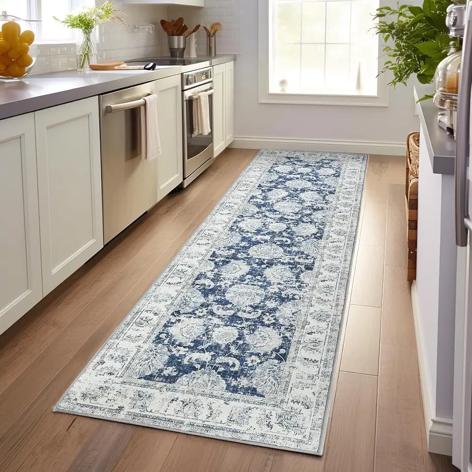 jinchan 3x8 Vintage Floral Rug, Washable Rug Runner, Dark Blue