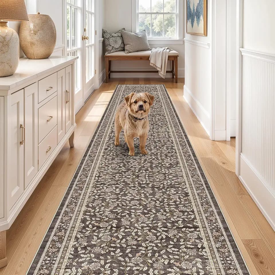 TOPRUUG 2x12 Washable Runner Rug - 12ft Runners for Hallway Non Slip Kitchen Rugs Soft Low Pile Carpet for Bedroom Bathroom Entryway - Stain Resistant Vintage Home Decor (Floral Dark Taupe, 2X12)