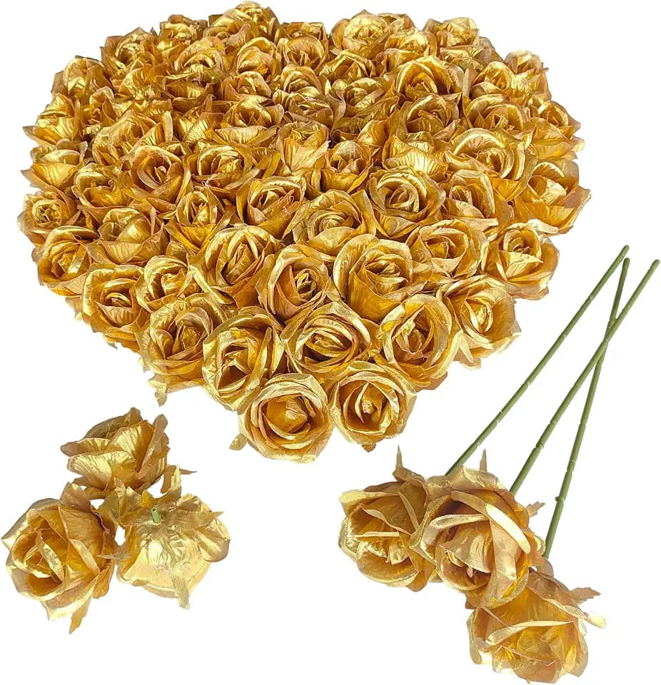 Fake Flower Heads for Craft,2.5'' Gold Rose Heads Artificial Flowers,54 Pcs Silk Rose Heads Bulk,Satin Rose Heads with Stems for DIY Flower Well,Crafts Bouquest(54, Gold)