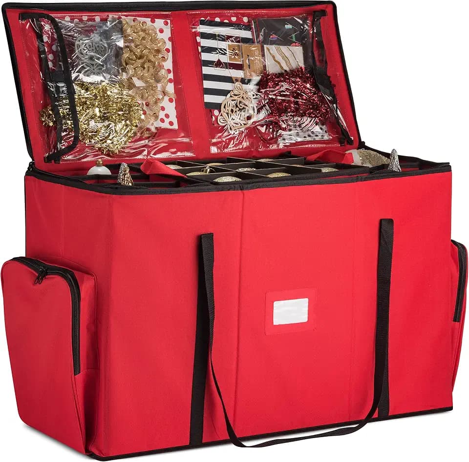 ZOBER All in One Christmas Ornament Storage Box & Decoration Container - Easy Access Removable Trays, Keeps 73 Ornaments - Adjustable Extent Area for Figurines and Pockets for Decoration - Red