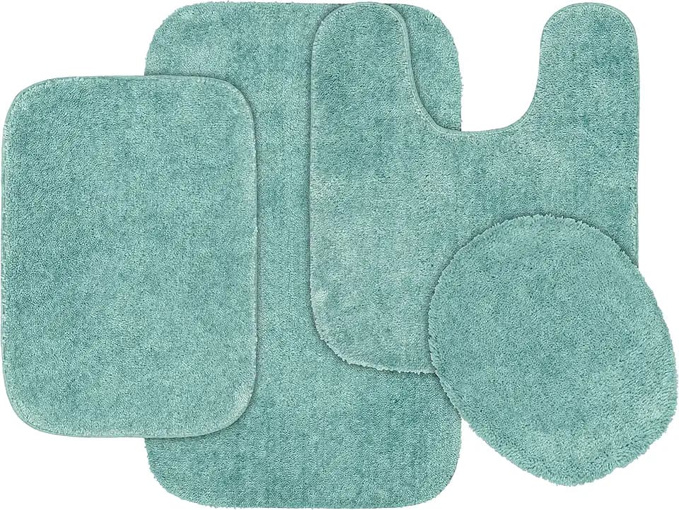 Garland Rug Traditional Nylon Washable Sea Foam 4 Piece Set - Lid, Contour, 2 Bath Rugs - Soft, Absorbent, and Stylish for Your Bathroom
