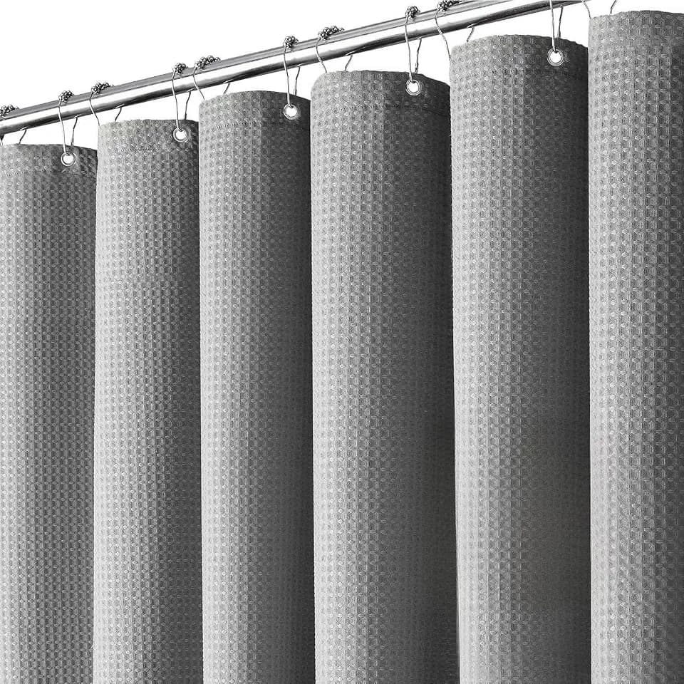 Inhousolu Fabric Shower Curtain, Waffle Weave 230 GSM Polyester, Weighted Hem, Metal Hooks Included, Water Repellent Washable, 72 x 96 Inch, Gray