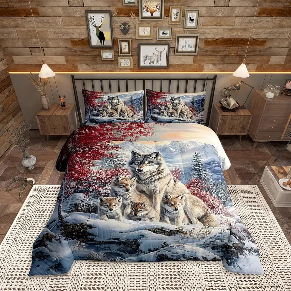 Wolf Family Comforter Sets Queen Size,Animal Wolves Printed Bedding Comforter Sets,Winter Wildlife Quilt Sets for Adult Bedroom Decor,Watercolor Natural Landscape quilt set Insert with 2 Pillowcases