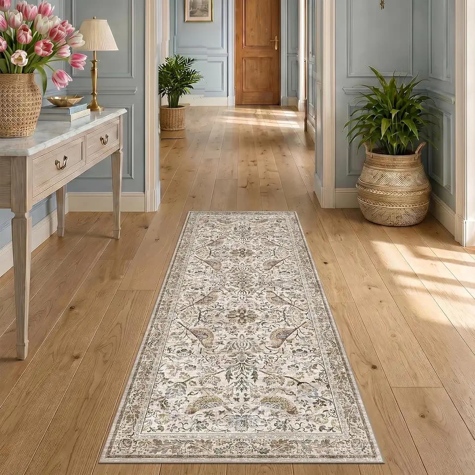 Vintage 2x6 Washable Runner Rugs for Kitchen, Bedside Rug for Bedroom, Entryway, Hallway, Non Slip Moss Bathroom Carpet, Traditional Home Décor with Floral Bird Pattern (Moss)
