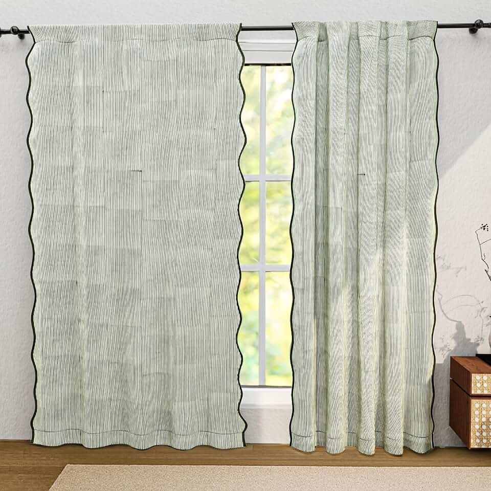 Ridhi Green Stripe Floral Cotton Scallop Curtain Panel, 84 Inch, 1-Pack