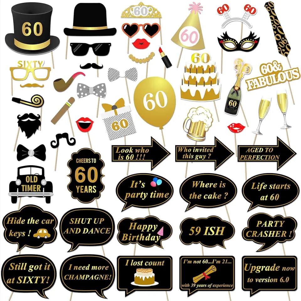 60th Birthday Party Photo Booth Props (51Count) for Her Him 60th Birthday Gold and Black Decorations, Konsait Big 60 Birthday Party Supplies for Men and Women