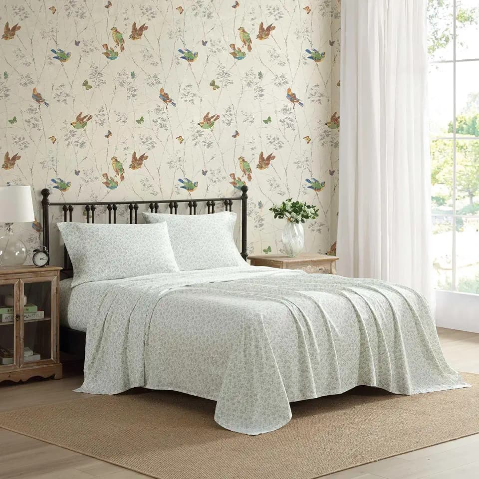 Laura Ashley - Twin Sheet Set with Fitted Sheet & Pillowcase, Lightweight & Soft Cotton Bedding, Deep Pocket, Floral Toile Green