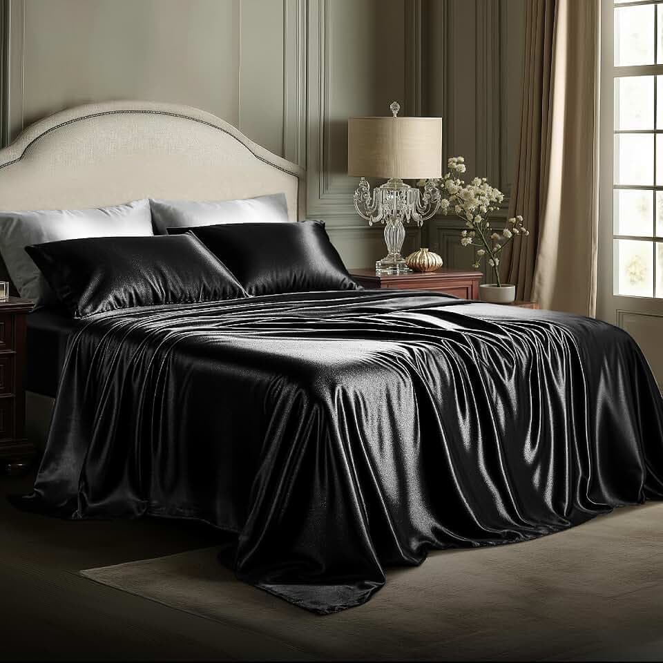 Bedsure Black Satin Sheets Full Size, Soft Silky Bedsheets for Hair & Skin