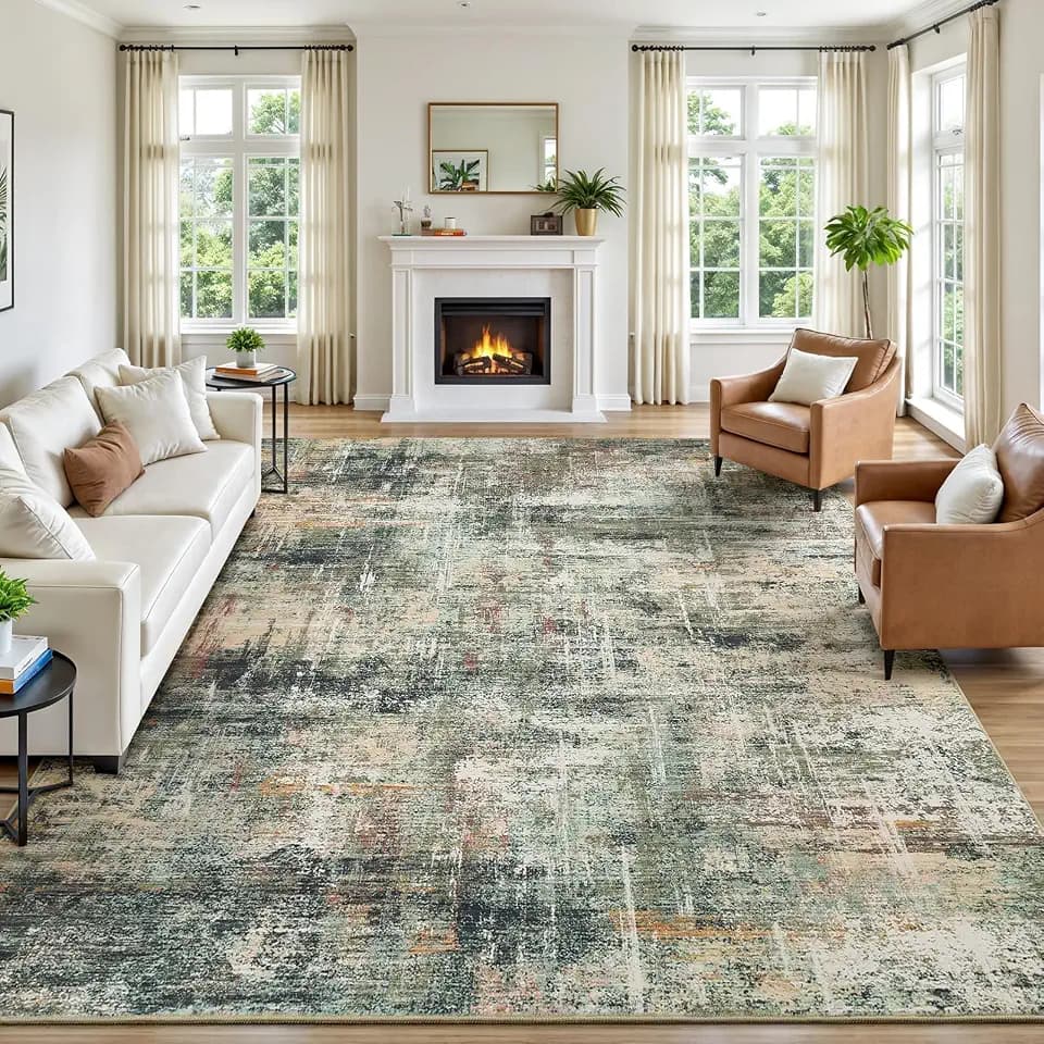 8x10 Area Rug for Living Room, Abstract Washable Large Rugs,Coffee/Green