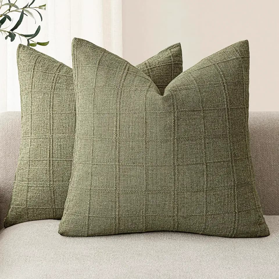 Foindtower Boho Linen Check Decorative Throw Pillow Covers 18×18 Sage Green
