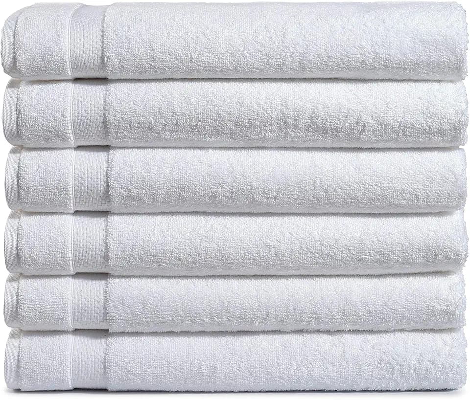 Amazon Basics 6-Pack Bath Towels, 100% Ring Spun Cotton, 600 GSM, Lightweight and Highly Absorbent, Quick Drying, Hotel Quality, 27 x 54 inches, White
