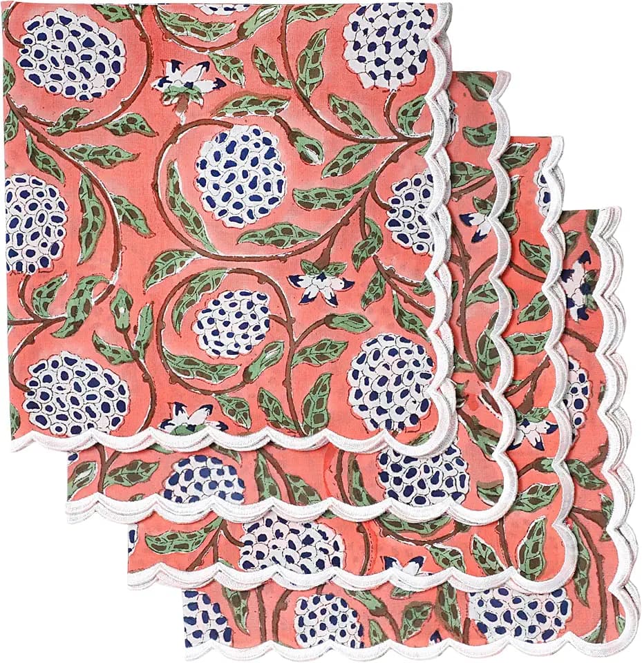 Ridhi Hand Block Print Cloth Napkins, Dark Salmon Pink, 18x18 in, Set of 4