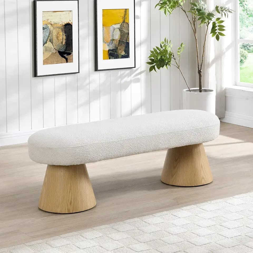 Christopher Knight Home Manila 49" Oval Dining Bench, Boucle Ottoman Bench, Large Dining Chair, Comfort Kitchen Seating, Comfort Long Footstool for Living Room Dining Room, No Assembly Needed, Beige