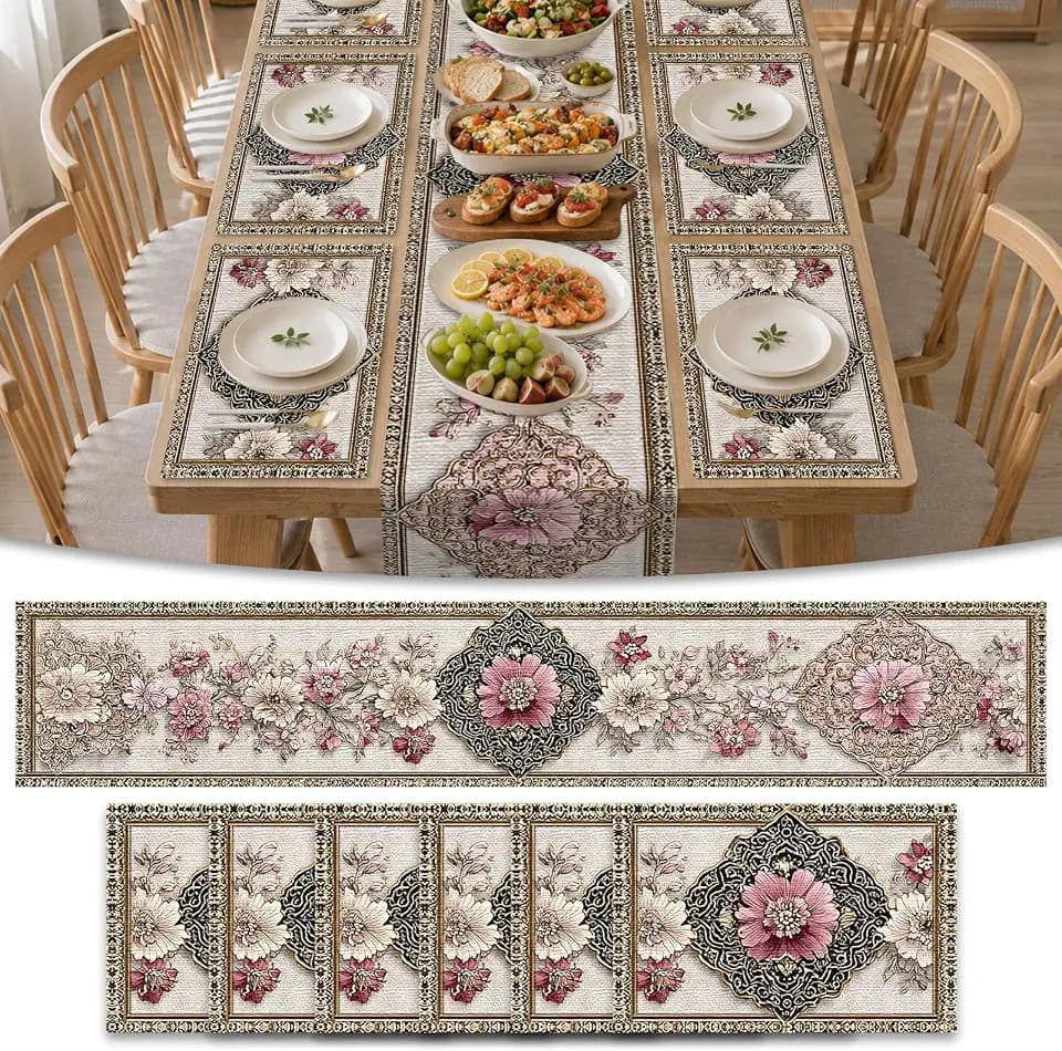 Nuxovilar Square placemats Set of 7 Table Runner (72X13inch) and placemats (11.8X17.7) Beige&Gold Ornate Pattern Linen-Cotton Table Arrangement Pieces Banquet,Anniversary Party,Formal Meals