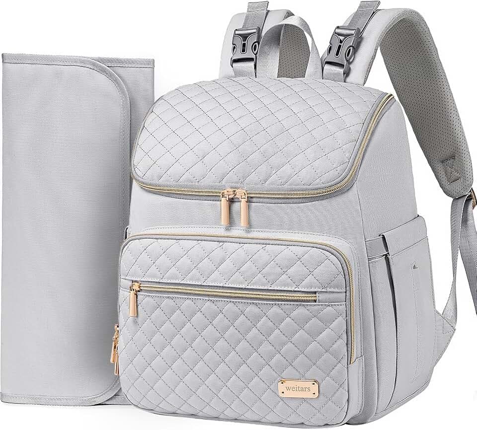 Weitars Diaper Bag Backpack Large Baby Diaper Bag with Changing Pad Travel Diaper Backpack,Baby Bag for Boys Girls,Stroller Straps,5 Insulated Pockets (Gray)