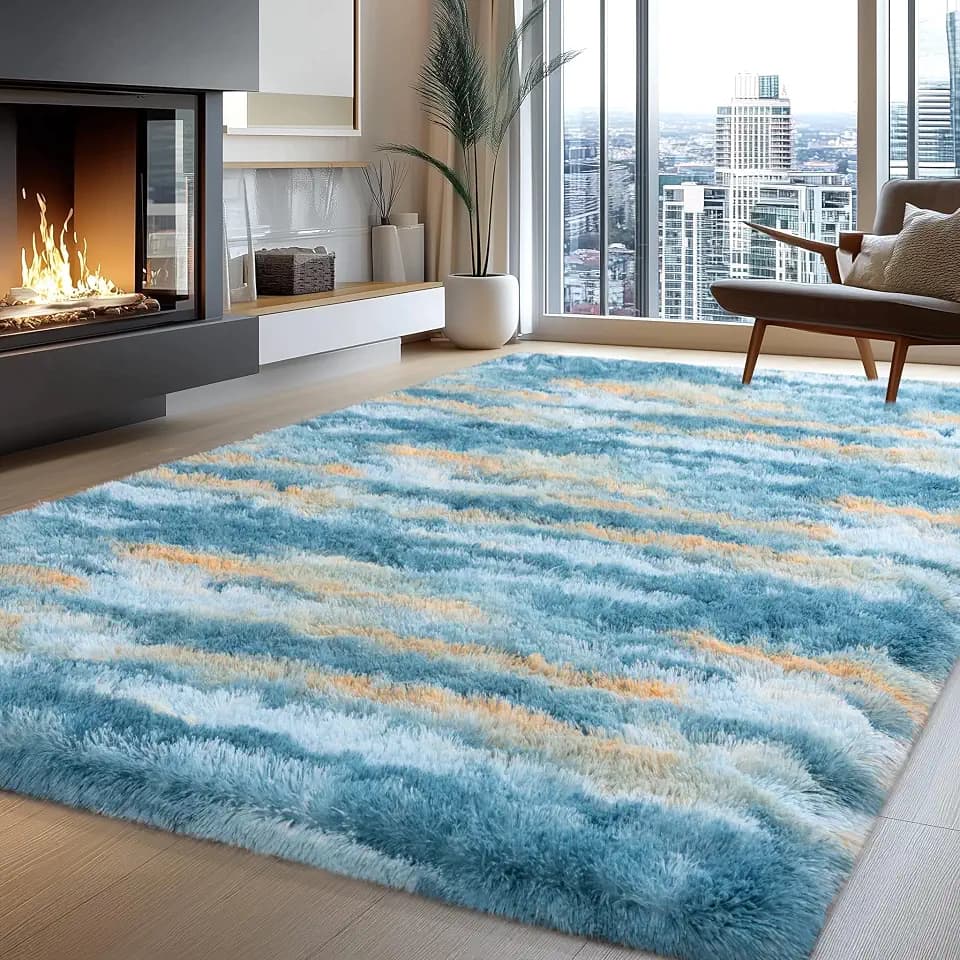 5x7 Abstract Blue Fluffy Rug for Bedroom Living Room Washable Non-Slip