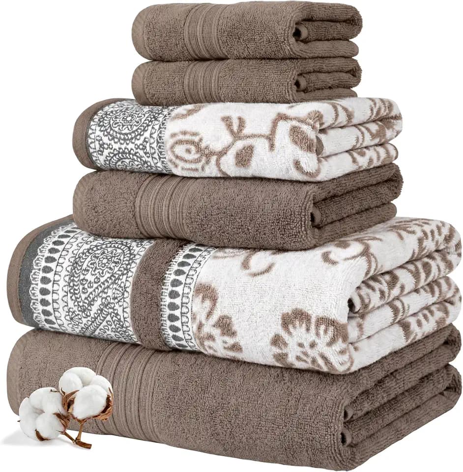 Modern Threads 6 Piece Bath Towel Set – Bathroom Set with 2 Bath Towels, 2 Hand Towels, and 2 Wash Cloths – 100% Cotton, Super Absorbent & Extra Soft – Reversible Floral Trail (Taupe Brown)