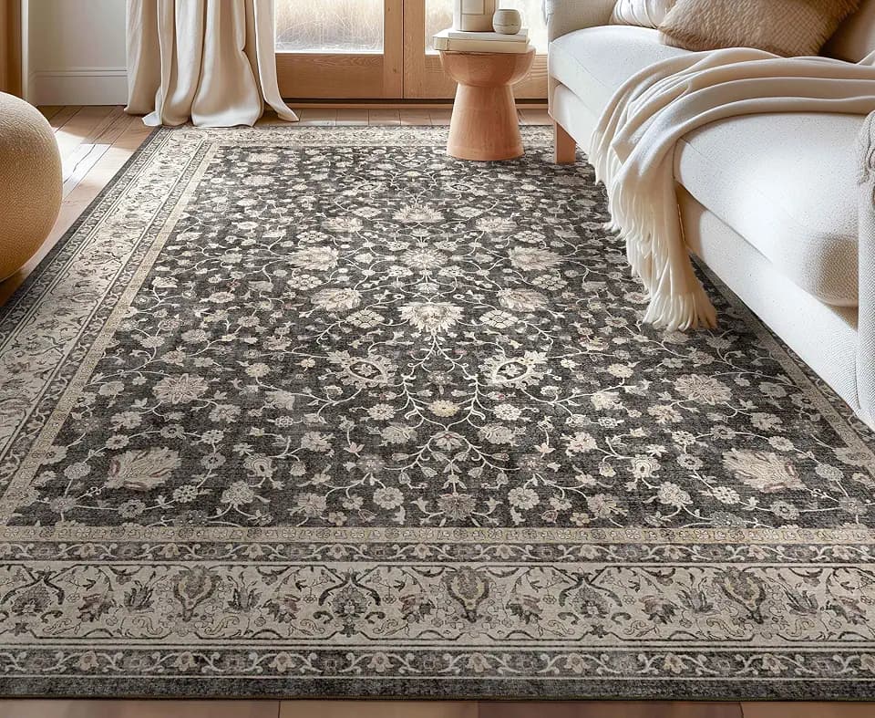 Well Woven Asha Rome Black 7'7" x 9'10" Area Rug - Oriental Floral Pattern, Easy Clean, Floor-Friendly Backing - for Living Room, Bedroom, and Dining Room
