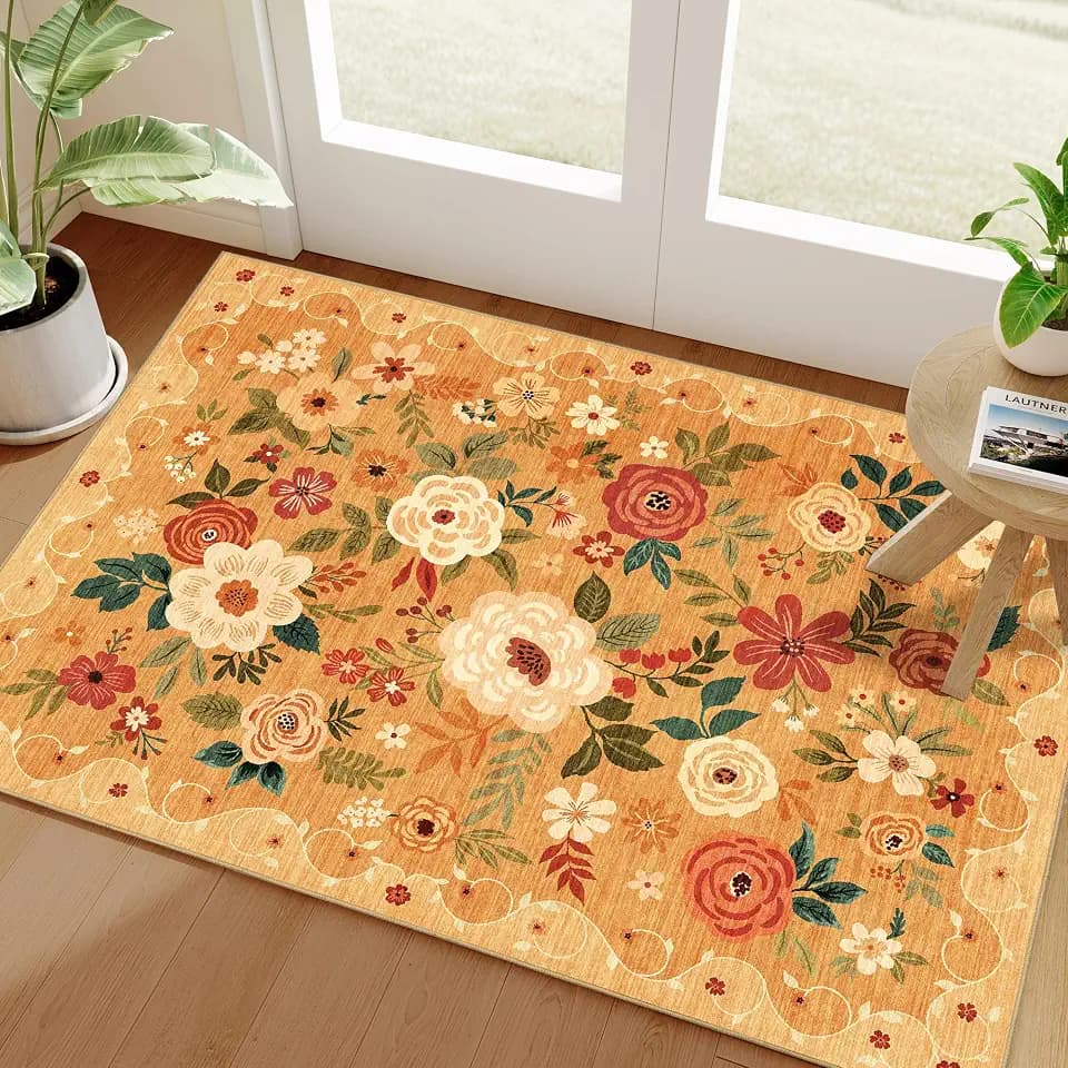 DUKINO 2x3 Entryway Rug, Floral Door Mat Soft Washable Rug Non Slip, Orange