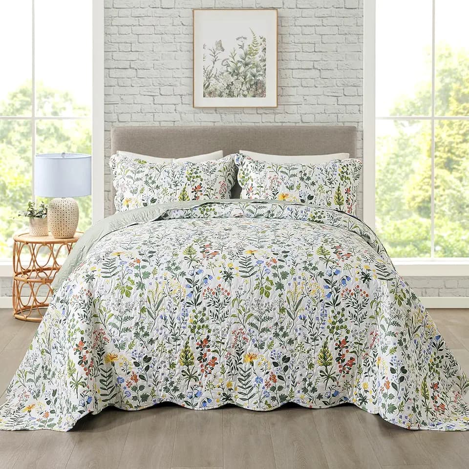 Travan 3-Piece Quilt Set Quilted Bedspread Lightweight Coverlet Set Garden Style Floral Printed Oversized Quilted Bedding Set with Shams for All Season, Exquisite, Queen Size