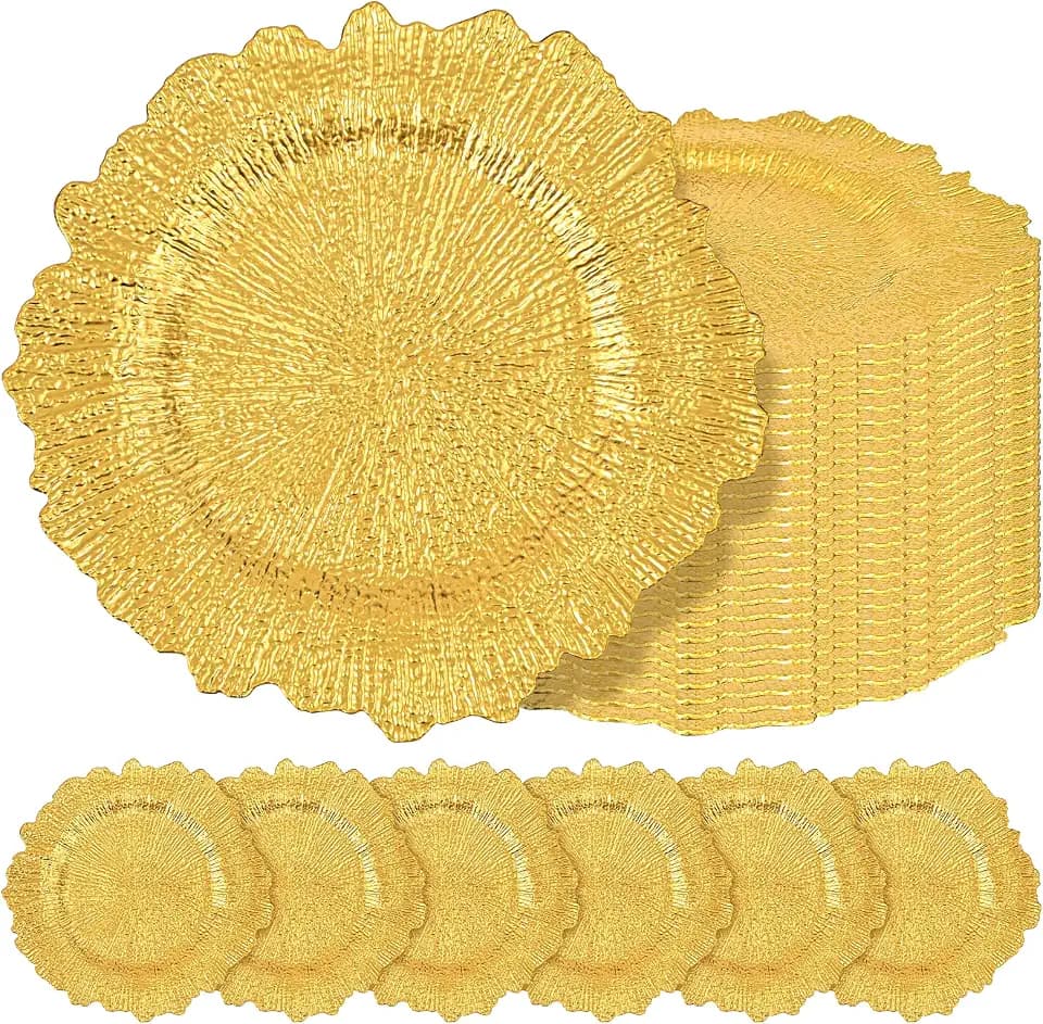 Teruntrue 24 Pcs Gold Charger Plates Bulk 13 Inch Plastic Charger Plates for Dinner Plate, Gold Chargers for Table Setting, Reef Design Plate Floral Decorative Round Chargers for Wedding Party, Event