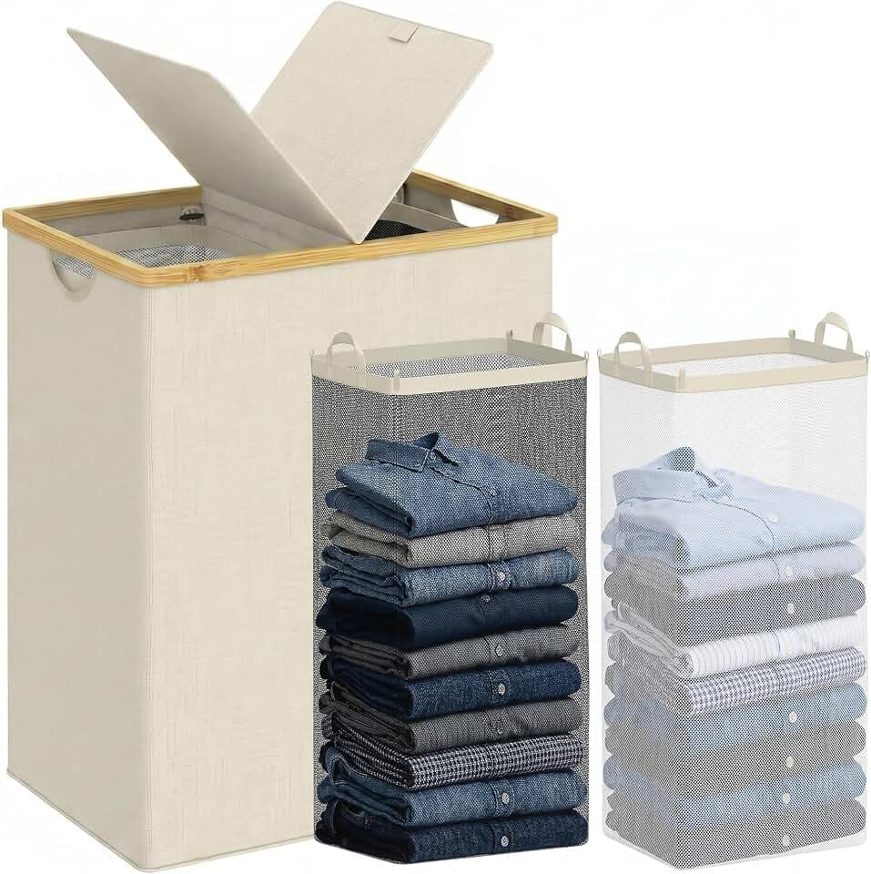 efluky Double Laundry Hamper with Lid and 2 Removable Bags, Beige