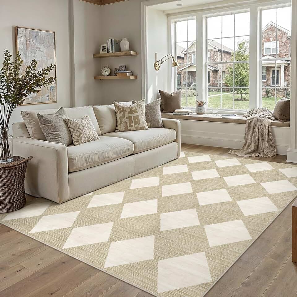 PureCozy 5x7 Washable Area Rug Living Room Beige Non Slip Checkered Carpet