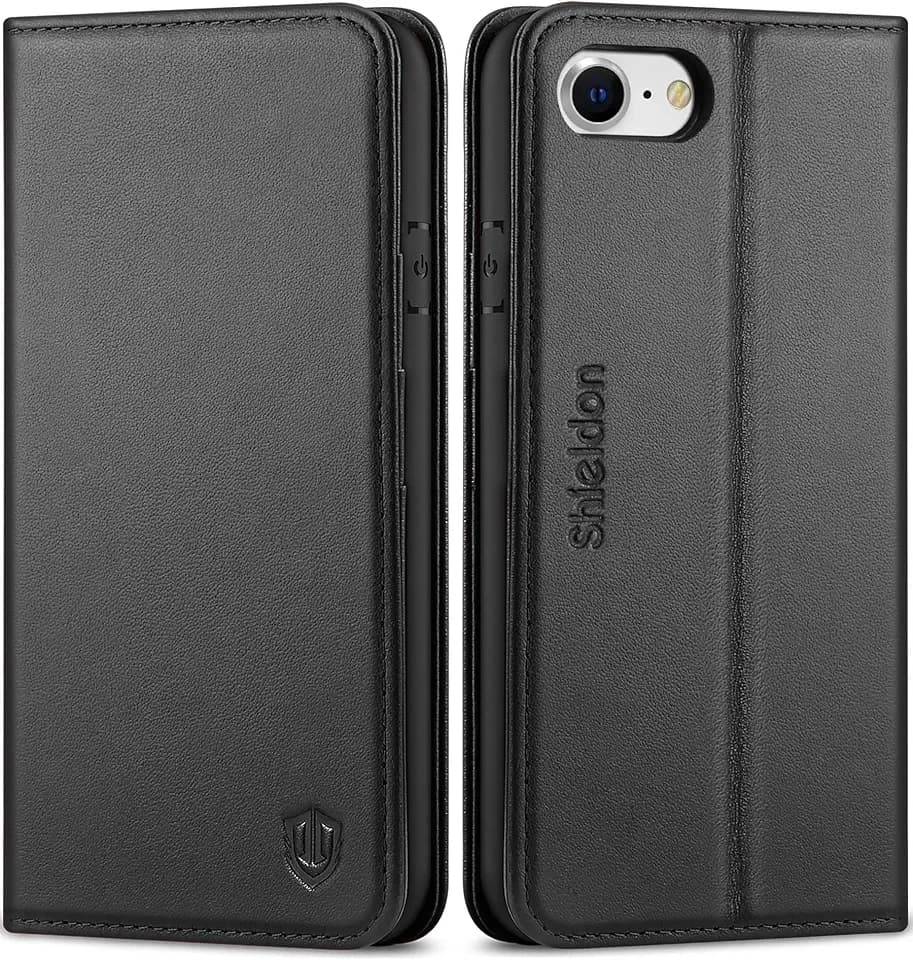 SHIELDON Genuine Leather Wallet Case for iPhone SE 2022/SE 2020/8/7, Black