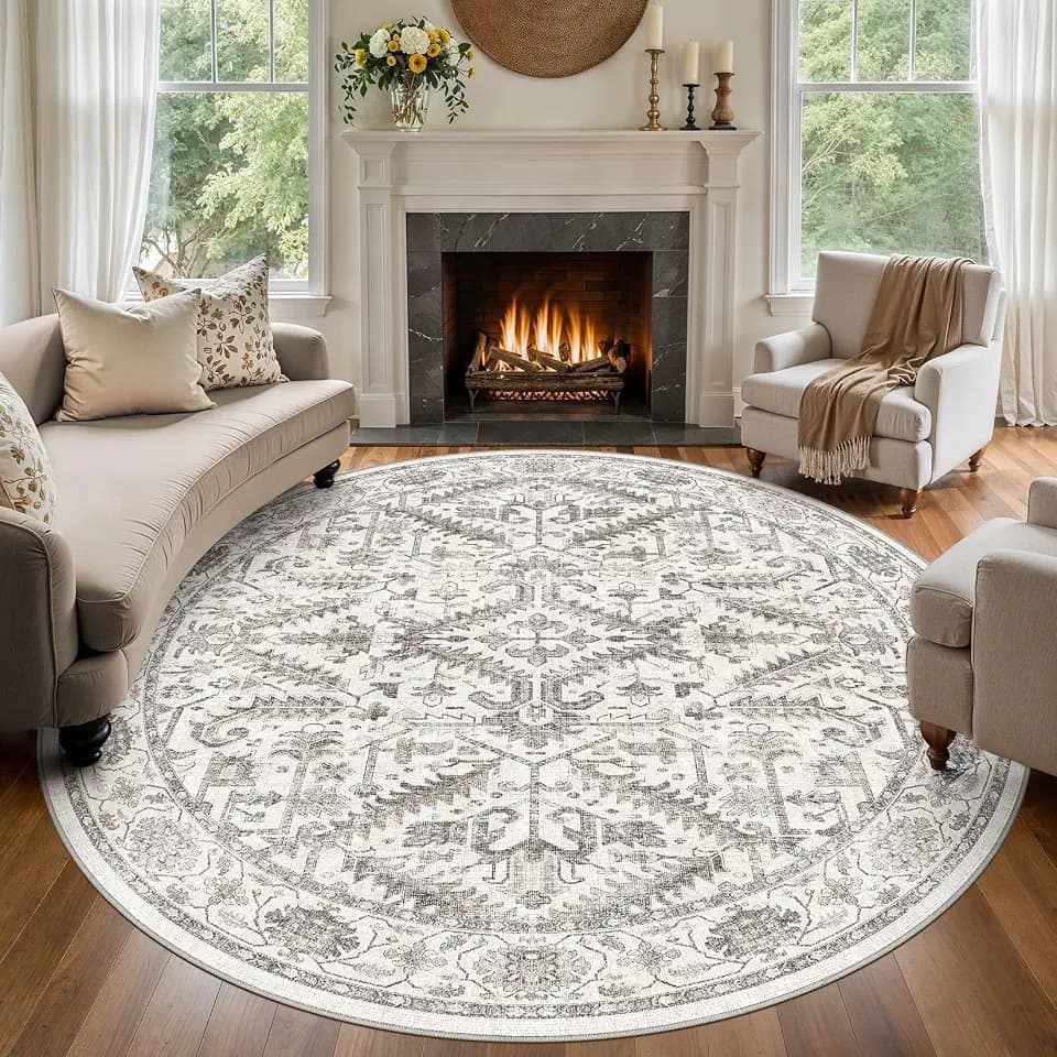 Washable Area Rug, Vintage Soft Low Pile Non-Slip 8ft White