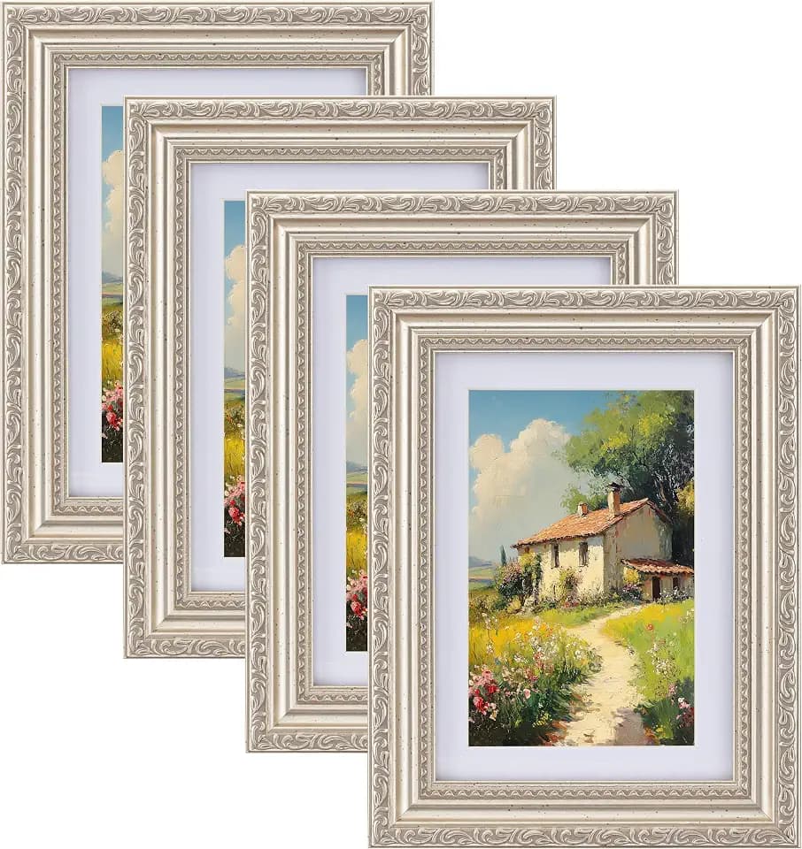 eletecpro 5x7 Vintage Picture Frame, Glass Cover, Silver Beige, 4-Pack