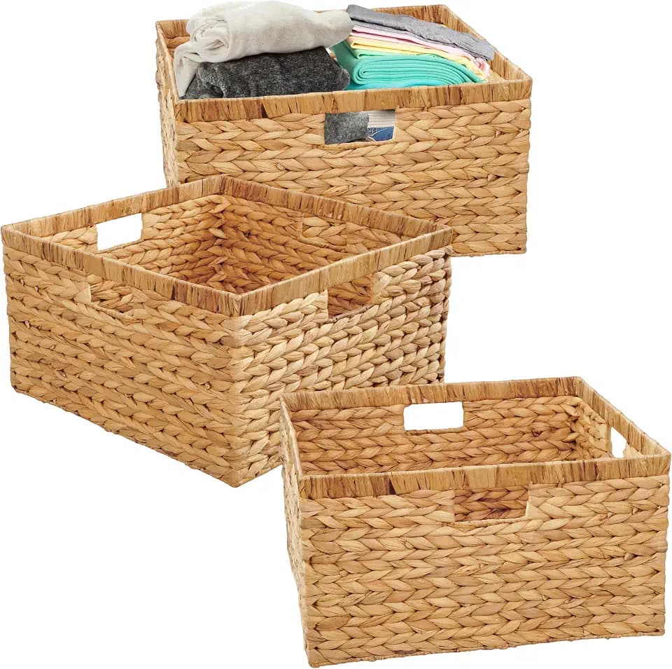 Large 17"x16"x9" (Set of 3) Water Hyacinth Woven Storage Basket – Handmade Natural Wicker Baskets Organizer Bin with Handles for Closet, Shelves, Laundry & Living Room (Natural (3 Pack))