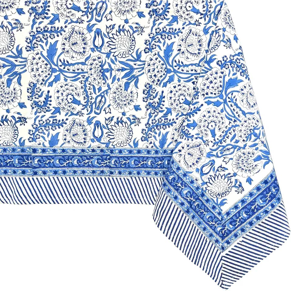 ATOSII Cotton Blockprint Rectangle Table Cloth, Indigo Bloom, 108" X 60"