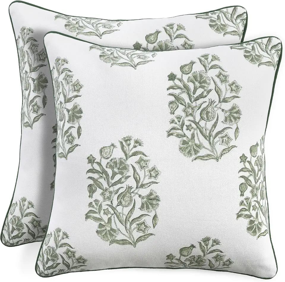 CPC Sage Green Block Print Throw Pillow Cover 18x18 Inch, Pack of 2