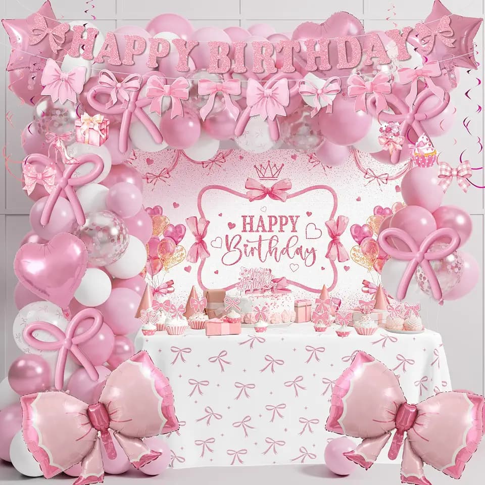 Pink Bow Birthday Party Decorations, Girls Coquette Birthday Decorations Includes Pink and White Balloon Arch Backdrop Tablecloth Happy Birthday Banner Hanging Swirls Cake Toppers for Bow Party Decor