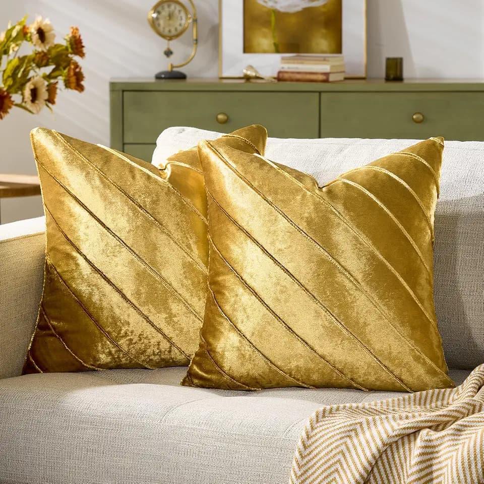 GIGIZAZA Decorative Gold Velvet Stripe Throw Pillow Covers 18x18 Set of 2