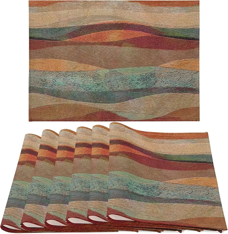 Placemats Set of 6, Southwest Arizona Travertine Sandstone Non Slip Heat Resistant Linen Cloth Place Mats, Turquoise Stripes Washable Holiday Party Dining Table Mat for Farmhouse Home Kitchen Decor