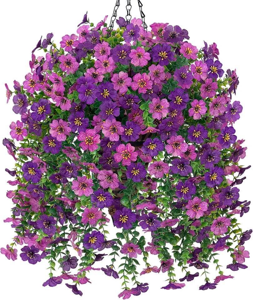HyeFlora Artificial Hanging Flowers Basket for Outdoor, Fake Flowers Faux Plants Look Real for Yard Gardens Porch Patio Home (Darkpurple+Purple)