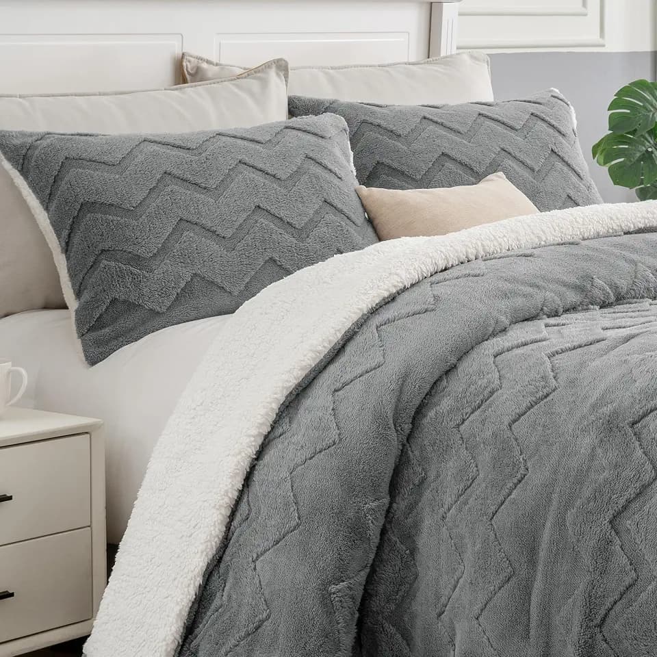 BEDELITE Fluffy Sherpa King Comforter Set,Grey