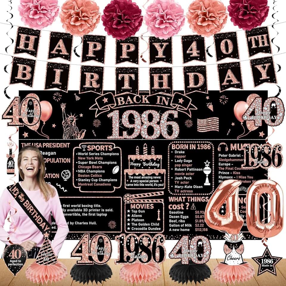 Zirtorei 40th Birthday Decorations for Women, 1986 Bday Party Supplies